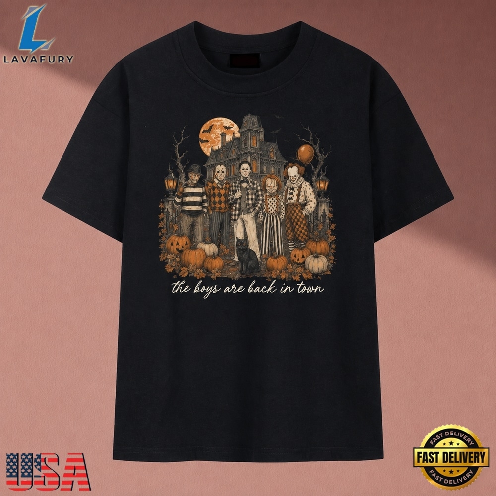 Halloween Horror Characters The Boys Are Back In Town Vintage T Shirt, Music 2D Graphic Tee Halloween Horror Characters The Boys Are Back IN Town Vintage T Shirt
