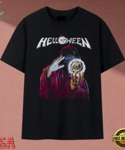 Helloween Cloaked Sorcerer Glowing Orb Heavy Metal Band T Shirt, Music 2D Graphic Tee Helloween Cloaked Sorcerer Glowing Orb Heavy Metal Band T Shirt