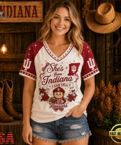 Indiana Hoosiers NCAA Bow and Floral Team Spirit V Neck T Shirt, NCAA V Neck Fan Shirt Indiana Hoosiers Ncaa Bow And Floral Team Spirit V Neck T Shirt