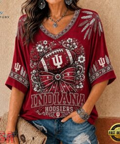 Indiana Hoosiers NCAA Vintage Floral Bow V Neck T Shirt, NCAA V Neck Fan Shirt Indiana Hoosiers Ncaa Vintage Floral Bow V Neck T Shirt