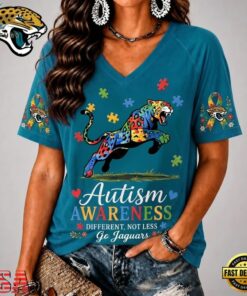 Jacksonville Jaguars NFL Different, Not Less Autism Awareness V neck T Shirt, NFL Team V Neck Tee Jacksonville Jaguars Nfl Different Not Less Autism Awareness V Neck T Shirt