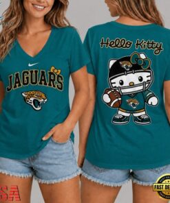 Jacksonville Jaguars NFL Hello Kitty Football V Neck T Shirt, NFL Team V Neck Tee Jacksonville Jaguars Nfl Hello Kitty Football V Neck T Shirt