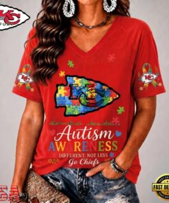 Kansas City Chiefs NFL Different, Not Less Autism Awareness V neck T Shirt, NFL Team V Neck Tee Kansas City Chiefs Nfl Different Not Less Autism Awareness V Neck T Shirt