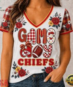 Kansas City Chiefs NFL Football Flowers Team Pride V Neck T Shirt, NFL Team V Neck Tee Kansas City Chiefs Nfl Football Flowers Team Pride V Neck T Shirt