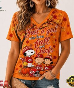 Kansas City Chiefs NFL Snoopy Peanuts Fall Season V Neck T Shirt, NFL Team V Neck Tee Kansas City Chiefs Nfl Snoopy Peanuts Fall Season V Neck T Shirt