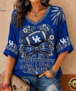Kentucky Wildcats NCAA Vintage Floral Bow V Neck T Shirt, NCAA V Neck Fan Shirt Kentucky Wildcats Ncaa Vintage Floral Bow V Neck T Shirt
