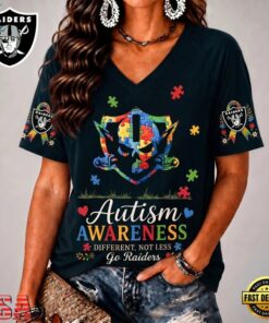 Las Vegas Raiders NFL Different, Not Less Autism Awareness V neck T Shirt, NFL Team V Neck Tee Las Vegas Raiders Nfl Different Not Less Autism Awareness V Neck T Shirt