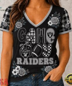 Las Vegas Raiders NFL Football Flowers Team Pride V Neck T Shirt, NFL Team V Neck Tee Las Vegas Raiders Nfl Football Flowers Team Pride V Neck T Shirt