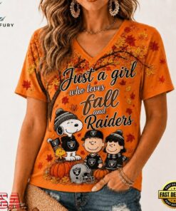 Las Vegas Raiders NFL Snoopy Peanuts Fall Season V Neck T Shirt, NFL Team V Neck Tee Las Vegas Raiders Nfl Snoopy Peanuts Fall Season V Neck T Shirt