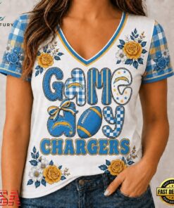 Los Angeles Chargers NFL Football Flowers Team Pride V Neck T Shirt, NFL Team V Neck Tee Los Angeles Chargers Nfl Football Flowers Team Pride V Neck T Shirt