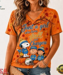 Los Angeles Chargers NFL Snoopy Peanuts Fall Season V Neck T Shirt, NFL Team V Neck Tee Los Angeles Chargers Nfl Snoopy Peanuts Fall Season V Neck T Shirt