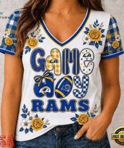 Los Angeles Rams NFL Football Flowers Team Pride V Neck T Shirt, NFL Team V Neck Tee Los Angeles Rams Nfl Football Flowers Team Pride V Neck T Shirt