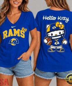 Los Angeles Rams NFL Hello Kitty Football V Neck T Shirt, NFL Team V Neck Tee Los Angeles Rams Nfl Hello Kitty Football V Neck T Shirt