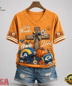 Los Angeles Rams NFL Thanksgiving Faith And Football V Neck T Shirt, NFL Team V Neck Tee Los Angeles Rams Nfl Thanksgiving Faith And Football V Neck T Shirt