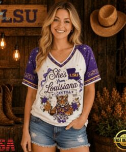 LSU Tigers NCAA Bow and Floral Team Spirit V Neck T Shirt, NCAA V Neck Fan Shirt Lsu Tigers Ncaa Bow And Floral Team Spirit V Neck T Shirt