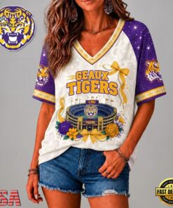 LSU Tigers NCAA Floral Stadium Bow V Neck 3D T Shirt, NCAA V Neck Fan Shirt Lsu Tigers Ncaa Floral Stadium Bow V Neck 3D T Shirt