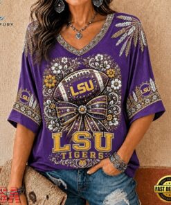 LSU Tigers NCAA Vintage Floral Bow V Neck T Shirt, NCAA V Neck Fan Shirt Lsu Tigers Ncaa Vintage Floral Bow V Neck T Shirt