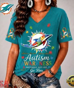 Miami Dolphins NFL Different, Not Less Autism Awareness V neck T Shirt, NFL Team V Neck Tee Miami Dolphins Nfl Different Not Less Autism Awareness V Neck T Shirt