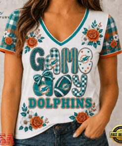 Miami Dolphins NFL Football Flowers Team Pride V Neck T Shirt, NFL Team V Neck Tee Miami Dolphins Nfl Football Flowers Team Pride V Neck T Shirt