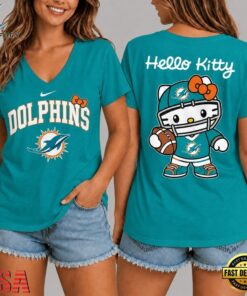Miami Dolphins NFL Hello Kitty Football V Neck T Shirt, NFL Team V Neck Tee Miami Dolphins Nfl Hello Kitty Football V Neck T Shirt