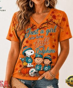 Miami Dolphins NFL Snoopy Peanuts Fall Season V Neck T Shirt, NFL Team V Neck Tee Miami Dolphins Nfl Snoopy Peanuts Fall Season V Neck T Shirt