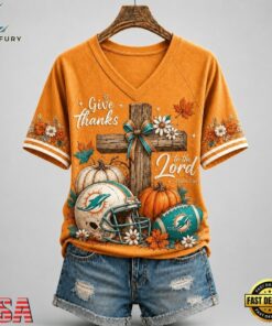 Miami Dolphins NFL Thanksgiving Faith And Football V Neck T Shirt, NFL Team V Neck Tee Miami Dolphins Nfl Thanksgiving Faith And Football V Neck T Shirt