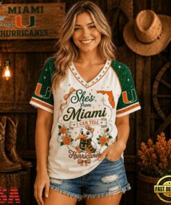 Miami Hurricanes NCAA Bow and Floral Team Spirit V Neck T Shirt, NCAA V Neck Fan Shirt Miami Hurricanes Ncaa Bow And Floral Team Spirit V Neck T Shirt