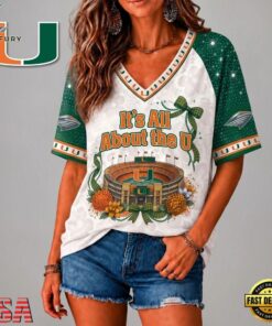 Miami Hurricanes NCAA Floral Stadium Bow V Neck 3D T Shirt, NCAA V Neck Fan Shirt Miami Hurricanes Ncaa Floral Stadium Bow V Neck 3D T Shirt