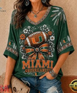 Miami Hurricanes NCAA Vintage Floral Bow V Neck T Shirt, NCAA V Neck Fan Shirt Miami Hurricanes Ncaa Vintage Floral Bow V Neck T Shirt