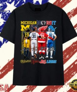 Michigan Detroit Sports Teams Wolverines Tigers Red Wings Lions Graphic T Shirt, Trendy 2D Print Shirt Michigan Detroit Sports Teams Wolverines Tigers Red Wings Lions Graphic T Shirt