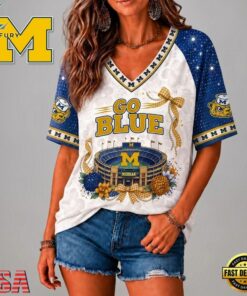 Michigan Wolverines NCAA Floral Stadium Bow V Neck 3D T Shirt, NCAA V Neck Fan Shirt Michigan Wolverines Ncaa Floral Stadium Bow V Neck 3D T Shirt