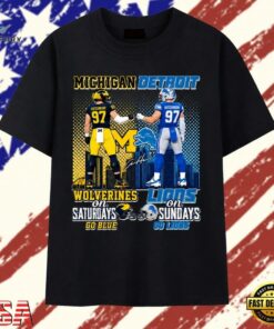 Michigan Wolverines Saturdays Detroit Lions Sundays Aidan Hutchinson T Shirt, Trendy 2D Print Shirt Michigan Wolverines Saturdays Detroit Lions Sundays Aidan Hutchinson T Shirt