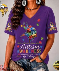 Minnesota Vikings NFL Different, Not Less Autism Awareness V neck T Shirt, NFL Team V Neck Tee Minnesota Vikings Nfl Different Not Less Autism Awareness V Neck T Shirt