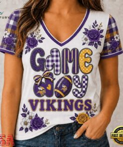 Minnesota Vikings NFL Football Flowers Team Pride V Neck T Shirt, NFL Team V Neck Tee Minnesota Vikings Nfl Football Flowers Team Pride V Neck T Shirt