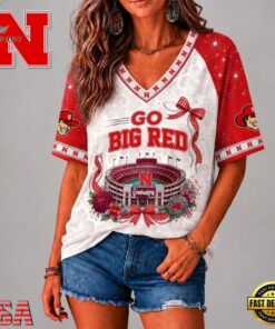 Nebraska Cornhuskers NCAA Floral Stadium Bow V Neck 3D T Shirt, NCAA V Neck Fan Shirt Nebraska Cornhuskers Ncaa Floral Stadium Bow V Neck 3D T Shirt