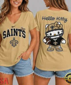 New Orleans Saints NFL Hello Kitty Football V Neck T Shirt, NFL Team V Neck Tee New Orleans Saints Nfl Hello Kitty Football V Neck T Shirt