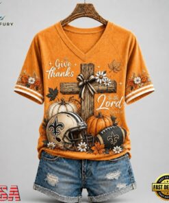 New Orleans Saints NFL Thanksgiving Faith And Football V Neck T Shirt, NFL Team V Neck Tee New Orleans Saints Nfl Thanksgiving Faith And Football V Neck T Shirt