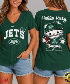 New York Jets NFL Hello Kitty Football V Neck T Shirt, NFL Team V Neck Tee New York Jets Nfl Hello Kitty Football V Neck T Shirt