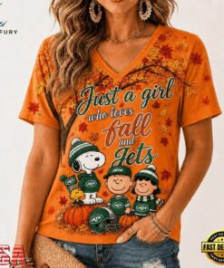 New York Jets NFL Snoopy Peanuts Fall Season V Neck T Shirt, NFL Team V Neck Tee New York Jets Nfl Snoopy Peanuts Fall Season V Neck T Shirt
