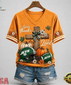 New York Jets NFL Thanksgiving Faith And Football V Neck T Shirt, NFL Team V Neck Tee New York Jets Nfl Thanksgiving Faith And Football V Neck T Shirt