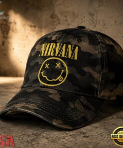 Nirvana Nevermind Smiley Vintage Camo Grunge Rock Classic Cap, Music Lover Baseball Cap Nirvana Nevermind Smiley Vintage Camo Grunge Rock Classic Cap