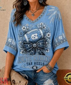 North Carolina Tar Heels NCAA Vintage Floral Bow V Neck T Shirt, NCAA V Neck Fan Shirt North Carolina Tar Heels Ncaa Vintage Floral Bow V Neck T Shirt