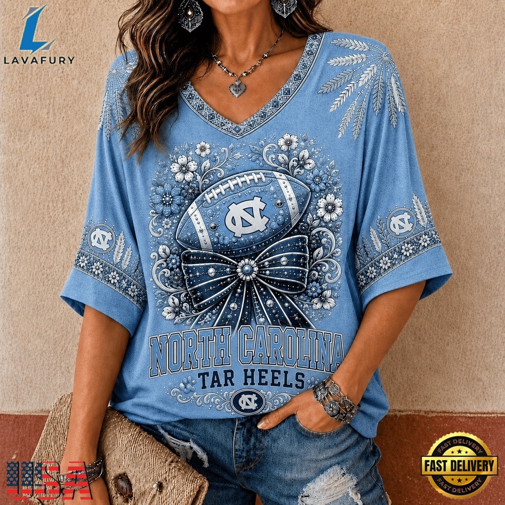 North Carolina Tar Heels NCAA Vintage Floral Bow V Neck T Shirt, NCAA V Neck Fan Shirt North Carolina Tar Heels Ncaa Vintage Floral Bow V Neck T Shirt