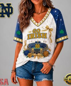 Notre Dame Fighting Irish NCAA Floral Stadium Bow V Neck 3D T Shirt, NCAA V Neck Fan Shirt Notre Dame Fighting Irish Ncaa Floral Stadium Bow V Neck 3D T Shirt