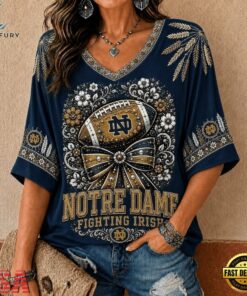 Notre Dame Fighting Irish NCAA Vintage Floral Bow V Neck T Shirt, NCAA V Neck Fan Shirt Notre Dame Fighting Irish Ncaa Vintage Floral Bow V Neck T Shirt