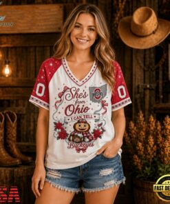 Ohio State Buckeyes NCAA Bow and Floral Team Spirit V Neck T Shirt, NCAA V Neck Fan Shirt Ohio State Buckeyes Ncaa Bow And Floral Team Spirit V Neck T Shirt
