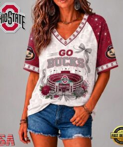 Ohio State Buckeyes NCAA Floral Stadium Bow V Neck 3D T Shirt, NCAA V Neck Fan Shirt Ohio State Buckeyes Ncaa Floral Stadium Bow V Neck 3D T Shirt
