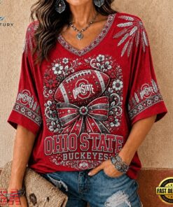 Ohio State Buckeyes NCAA Vintage Floral Bow V Neck T Shirt, NCAA V Neck Fan Shirt Ohio State Buckeyes Ncaa Vintage Floral Bow V Neck T Shirt