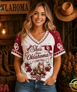 Oklahoma Sooners NCAA Bow and Floral Team Spirit V Neck T Shirt, NCAA V Neck Fan Shirt Oklahoma Sooners Ncaa Bow And Floral Team Spirit V Neck T Shirt