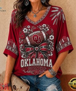 Oklahoma Sooners NCAA Vintage Floral Bow V Neck T Shirt, NCAA V Neck Fan Shirt Oklahoma Sooners Ncaa Vintage Floral Bow V Neck T Shirt